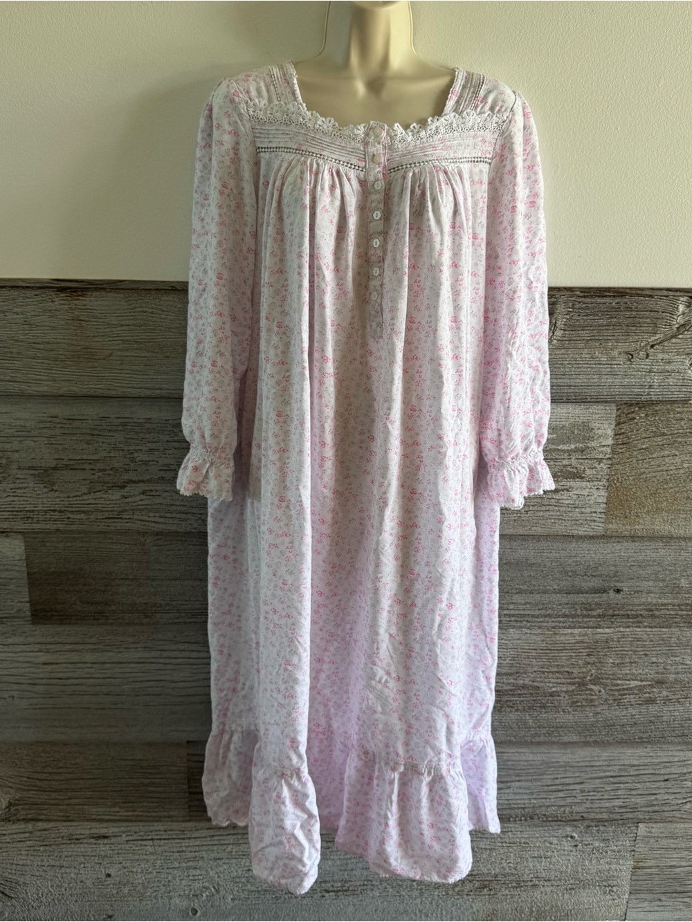 Eileen West Pink Floral Nightgown Medium Lace Trim Long Sleeve Cottagecore (N1)